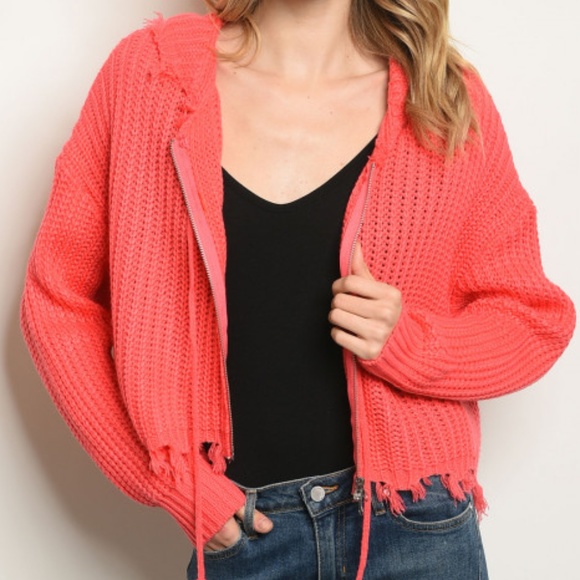 Trend Setter Diva Boutique Sweaters - DISTRESSED CORAL CROPPED ZIP UP KNIT HOODIE